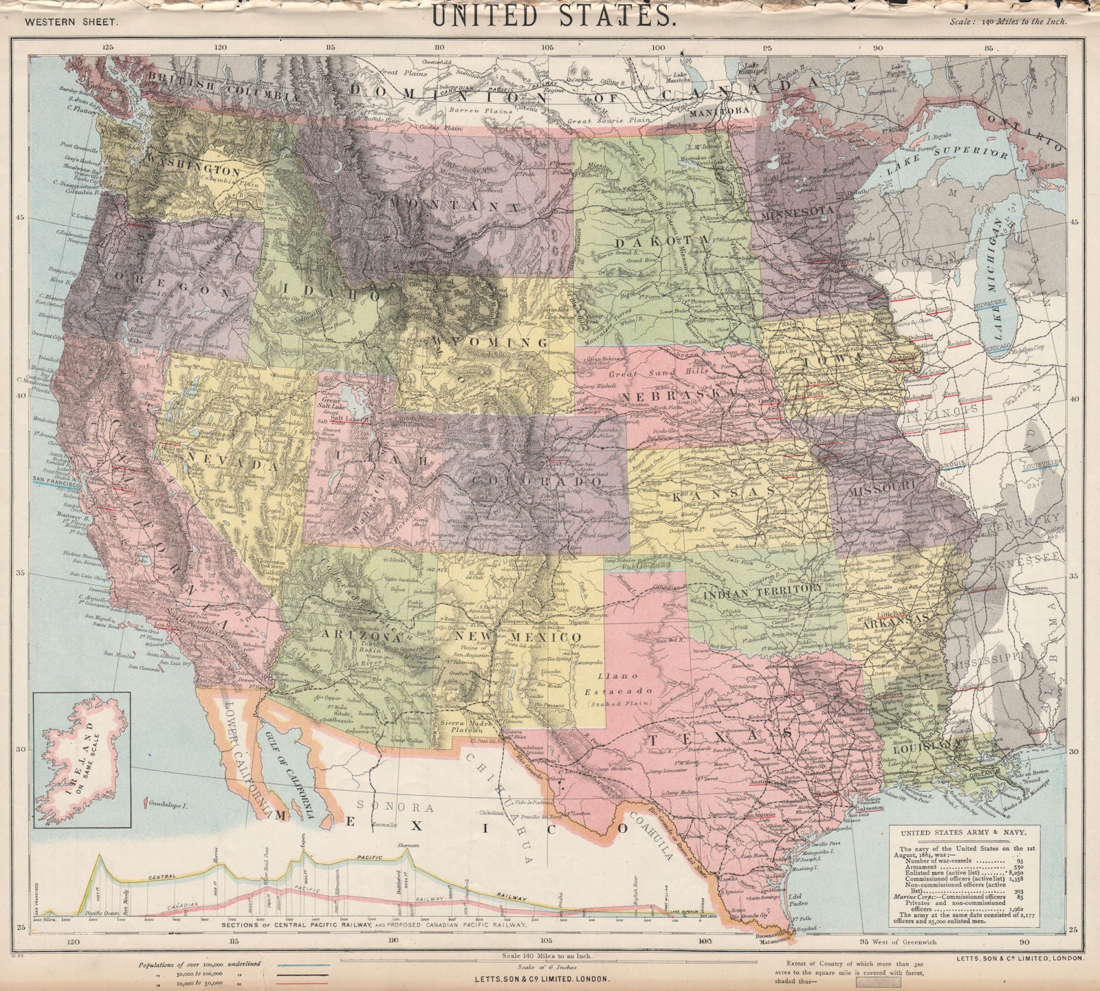 WESTERN USA. Central & Canadian Pacific Railroad section. LETTS 1889 old map